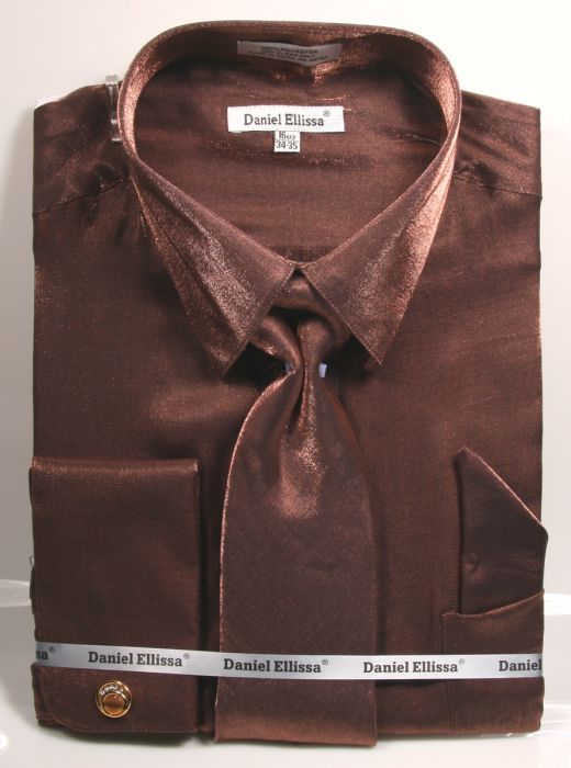 "Brown Metallic Velvet Men's Dress Shirt & Tie Set"