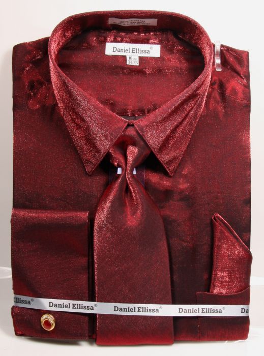 "Burgundy Men's Metallic Velvet Dress Shirt & Tie Set"