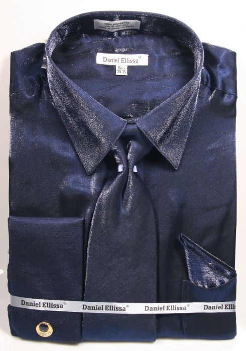 Navy Men's Metallic Velvet Dress Shirt & Tie Set - Shiny Finish - 15Â½ 33/34