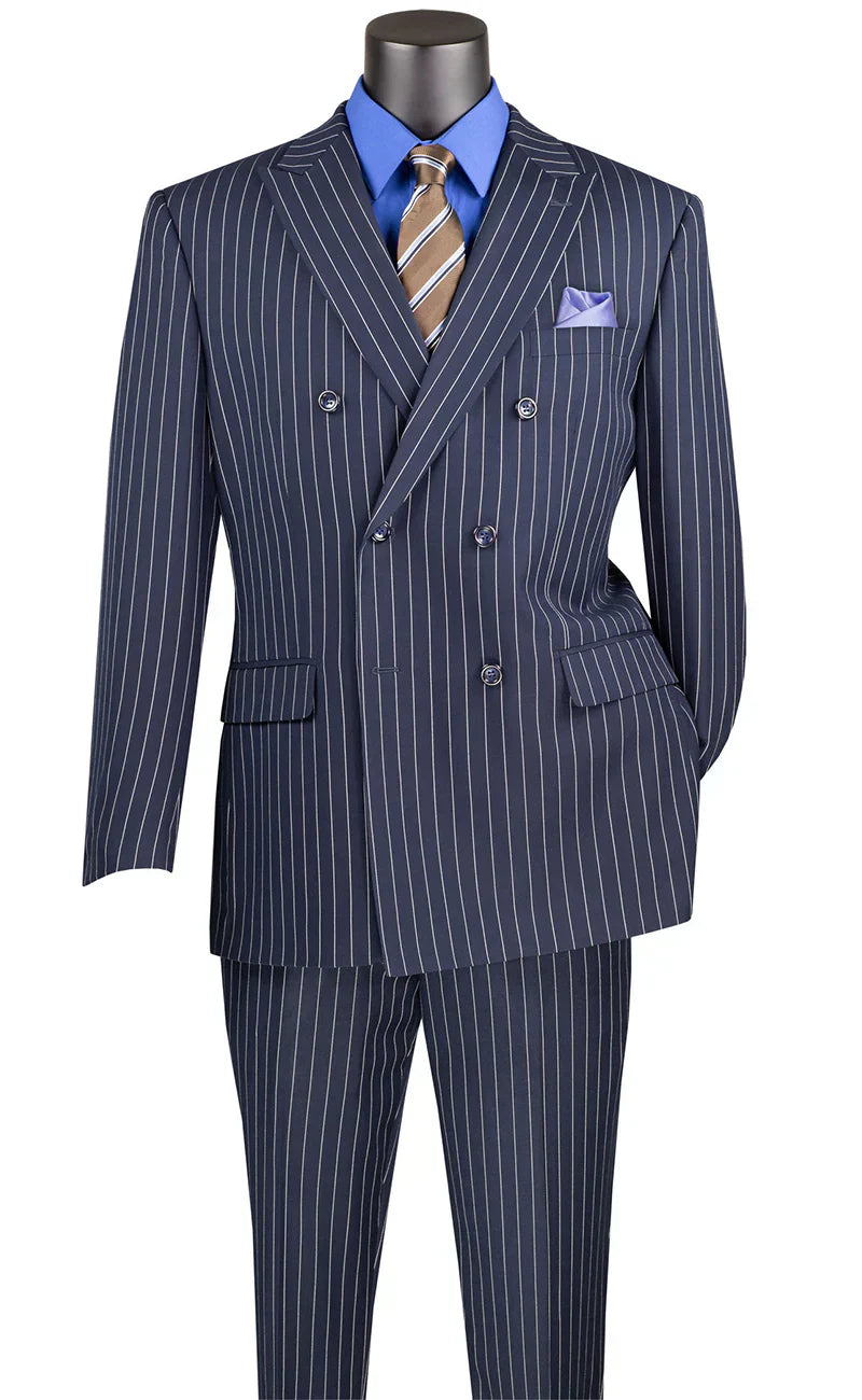 Rockefeller Collection - Double Breasted Stripe Suit Navy Regular Fit 2 Piece - Navy