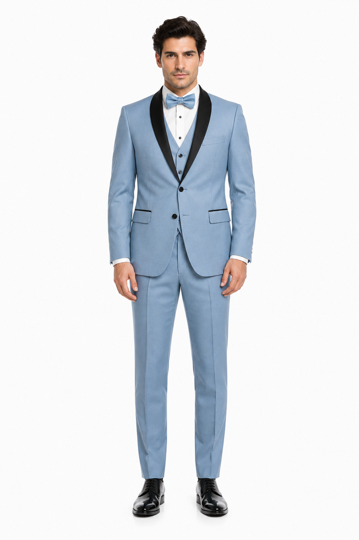 Dusty Blue Suit Color Tuxedo Shawl Collar Vested 3PC Mens Suit Slim Fit Jacket + Pants + Vest