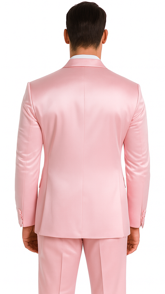 Dusty Rose Satin 3 Piece Slim Fit Tazzio Men's Suit with Double Breasted Vest and Peak Lapel Suit - 34 Short or Extra Small