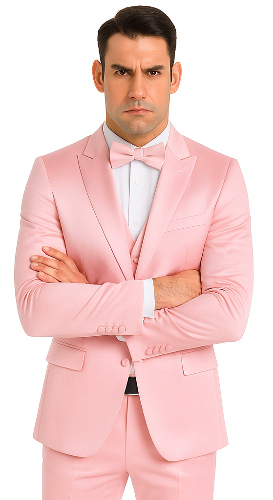 Dusty Rose Satin 3 Piece Slim Fit Tazzio Men's Suit with Double Breasted Vest and Peak Lapel Suit - 34 Short or Extra Small
