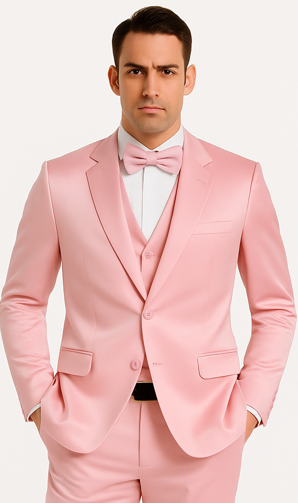 Dusty Rose Satin 3 Piece Slim Fit Tazzio Men's Suit with Double Breasted Vest and Peak Lapel Suit - 34 Short or Extra Small