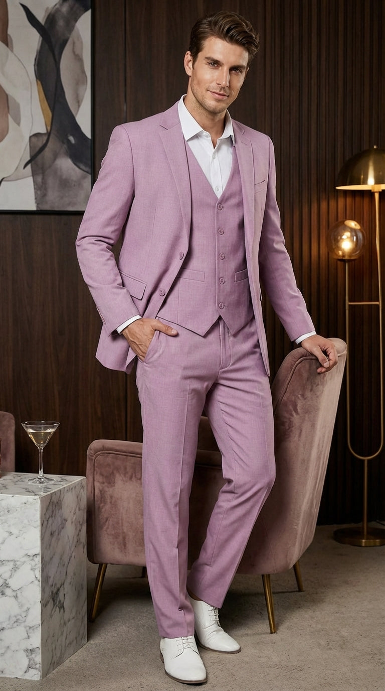 Mens Dusty Rose 3 Piece Suit Modern Pink Formal Suit Set for Wedding, Prom and Special Events Pinkish Color - 34 Short or Extra Small