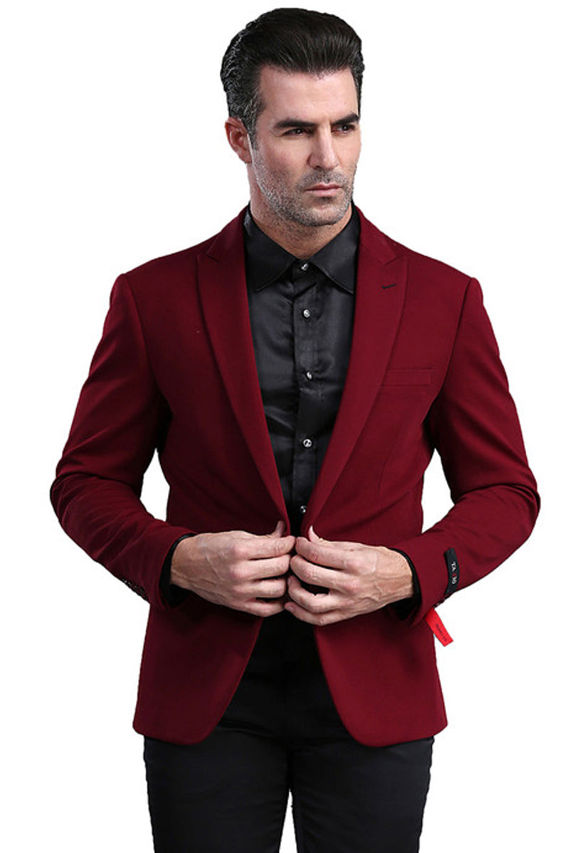 "Burgundy Men's Skinny Fit Blazer - One Button Peak Lapel Style"
