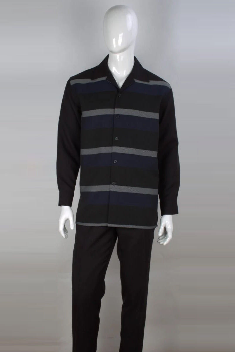 "Men's Striped Long Sleeve Walking Suit - Casual Leisure in Black & Navy"