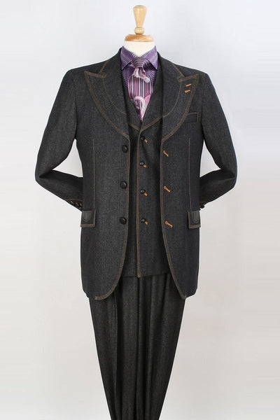 Apollo King Black Denim Suit: Vested Peak Lapel Wide Leg