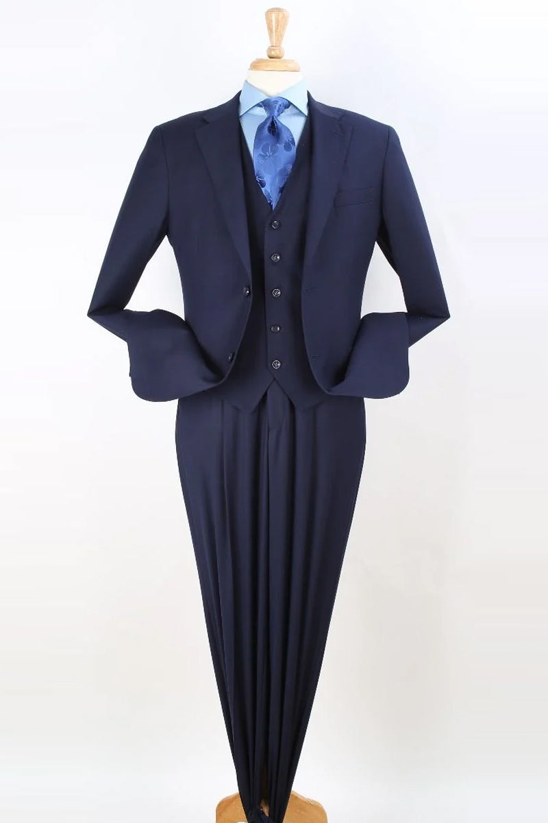 "Classic Fit Navy Vested Suit with Two Button Pleated Pants for Men"