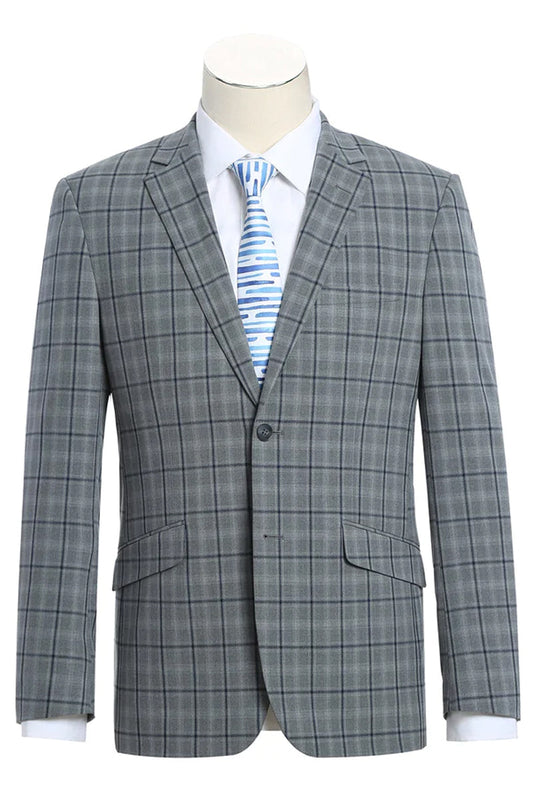 "Grey Windowpane Plaid Slim Fit Two-Button Men's Suit with Hack Pocket"