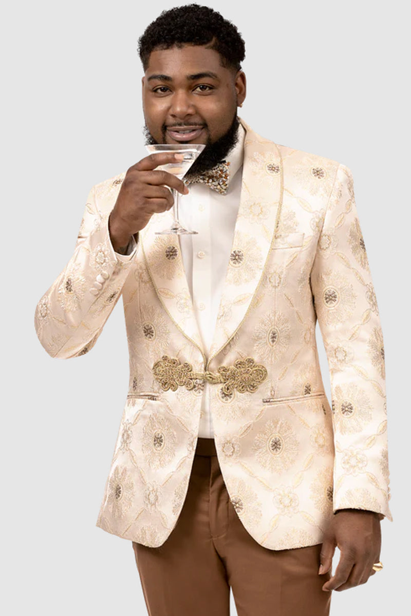 "Vintage Brocade Pattern Men's Tuxedo Dinner Jacket - Ivory Cream" - 34