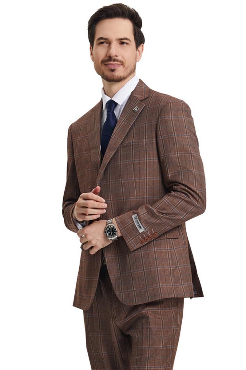 Men's Stacy Adams Vested Modern Fit Windowpane Plaid Suit in Light Brown - 38 Regular