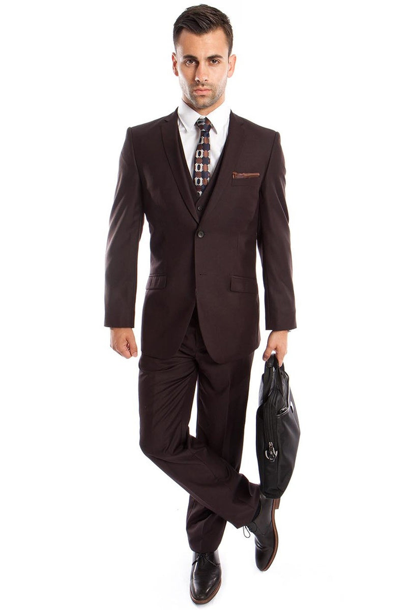 Brown Slim Fit Men's Wedding Suit - Two Button Basic Vested