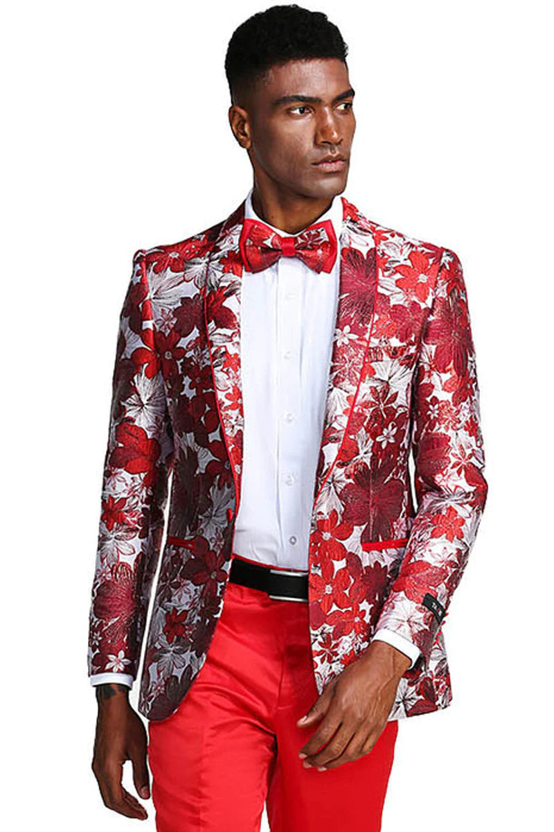 "PAISLEY PROM TUXEDO JACKET - MEN'S SLIM FIT IN RED & SILVER"