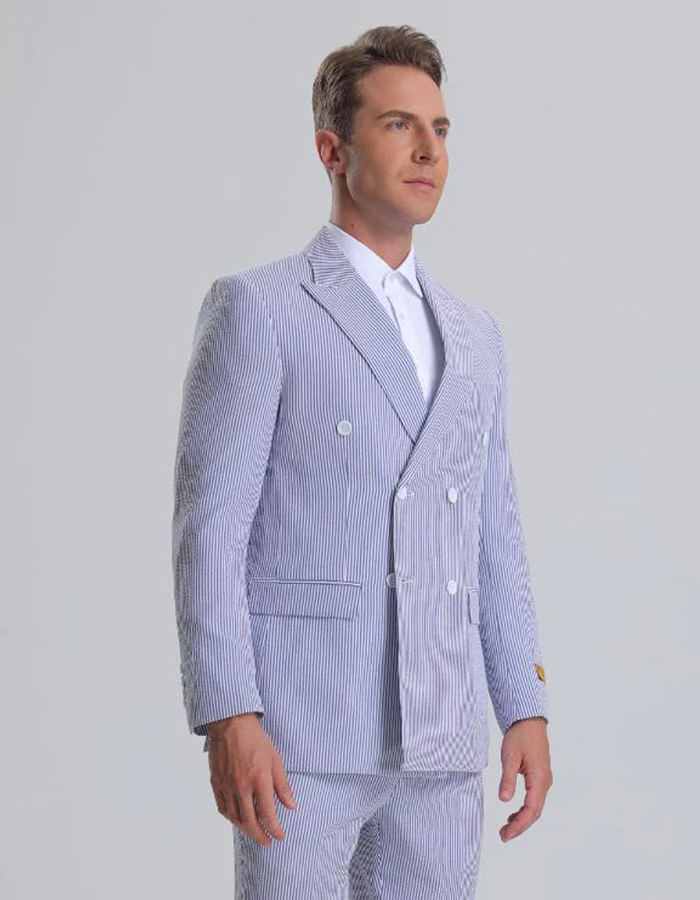 Best Mens Double Breasted Summer Seersucker Suit in Blue Pinstripe - For Men  Fashion Perfect For Wedding or Prom 2026 or Business  or Church