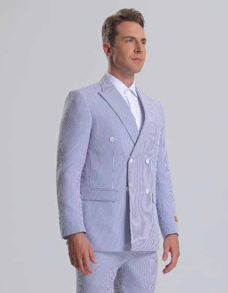 "Blue Seersucker Summer Suit - Men's 2 Button Vested | CLOSE OUT"