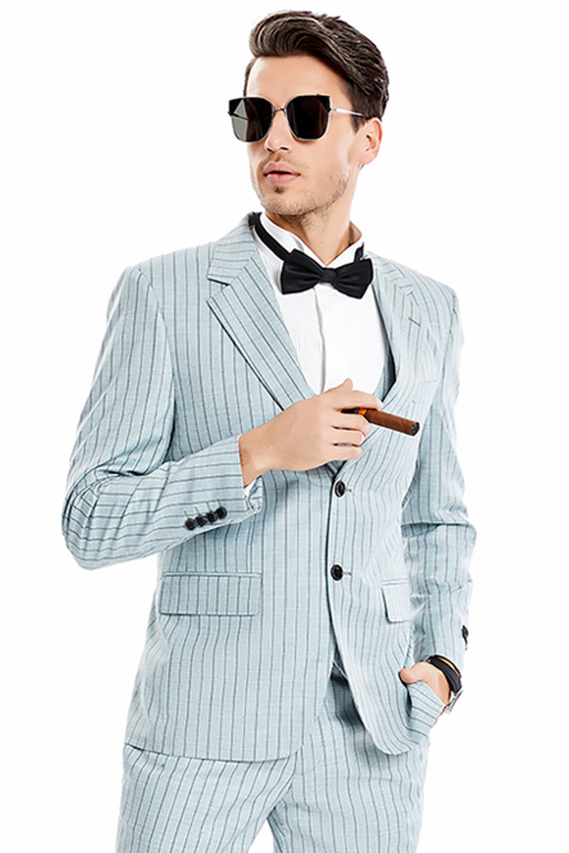 "Vintage Pinstripe Suit for Men - Two Button, Wide Notch Lapel, Vested in Mint Grey"