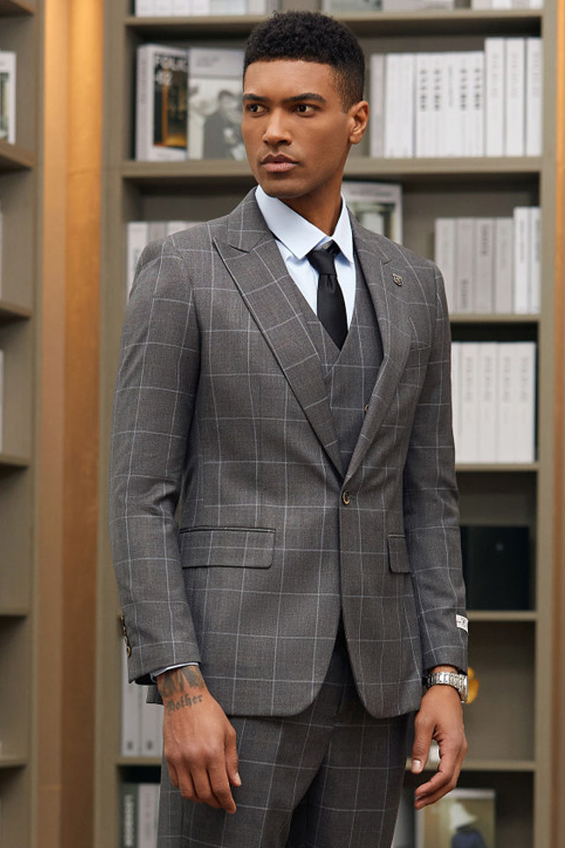 "Stacy Adams  Suit Men's Charcoal Windowpane Suit - One Button Peak Lapel with Vest"