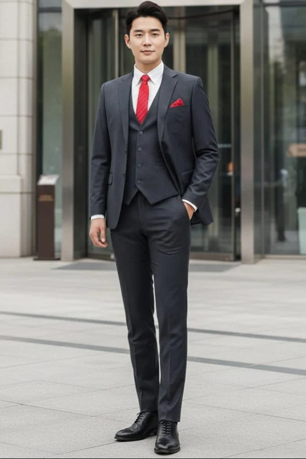 Mens Giovanni Testi Charcoal 3 Piece Suit   – 2 Button Closure, Classic Notch Lapel, Flex Waist Pants - 34 Short or Extra Small