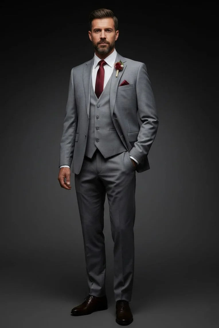 Mens Giovanni Testi 3 Piece Suit in Light Grey – Notch Lapel Blazer, Matching Vest & Flex Waist Dress Pants - 34 Short or Extra Small