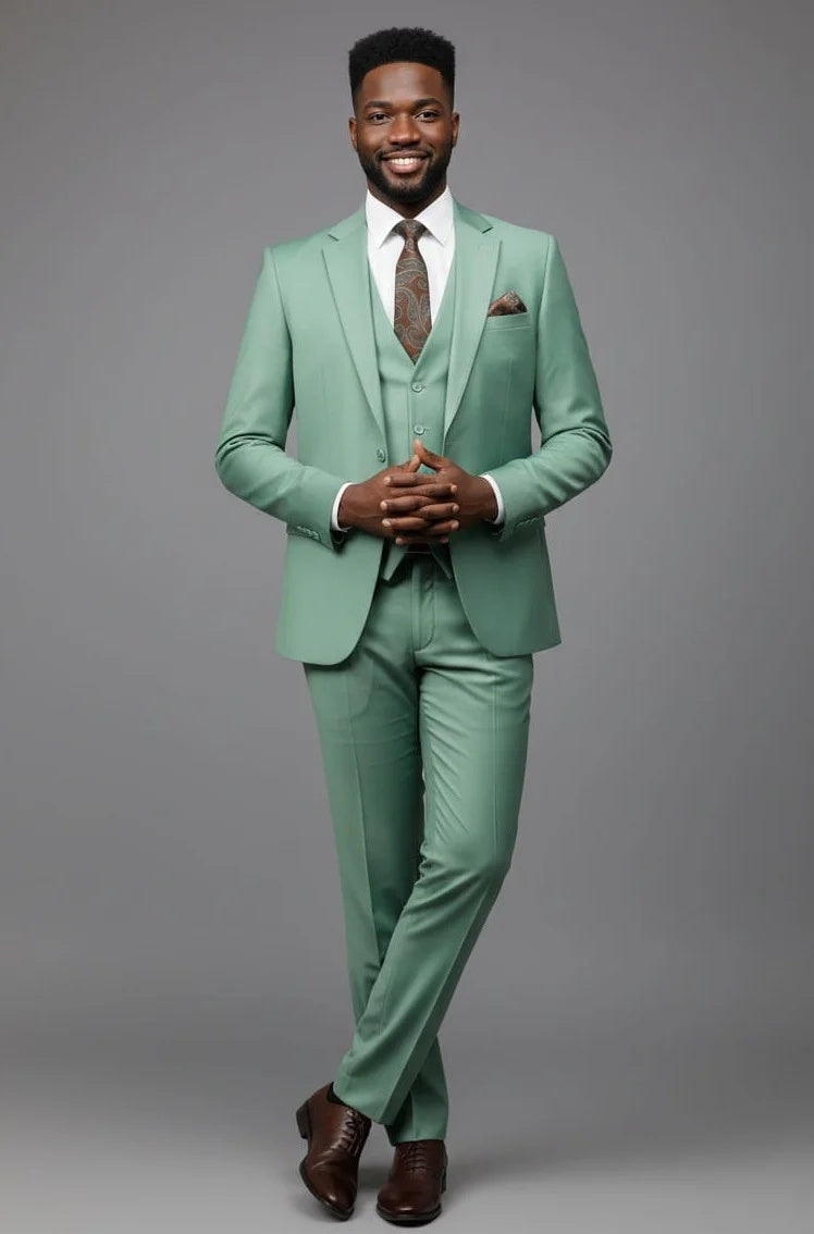 Mens Giovanni Testi Mint 3 Piece Suit – Modern Fit 2 Button Notch Lapel with Pick Stitching & Flex Waist Pants - 34 Short or Extra Small