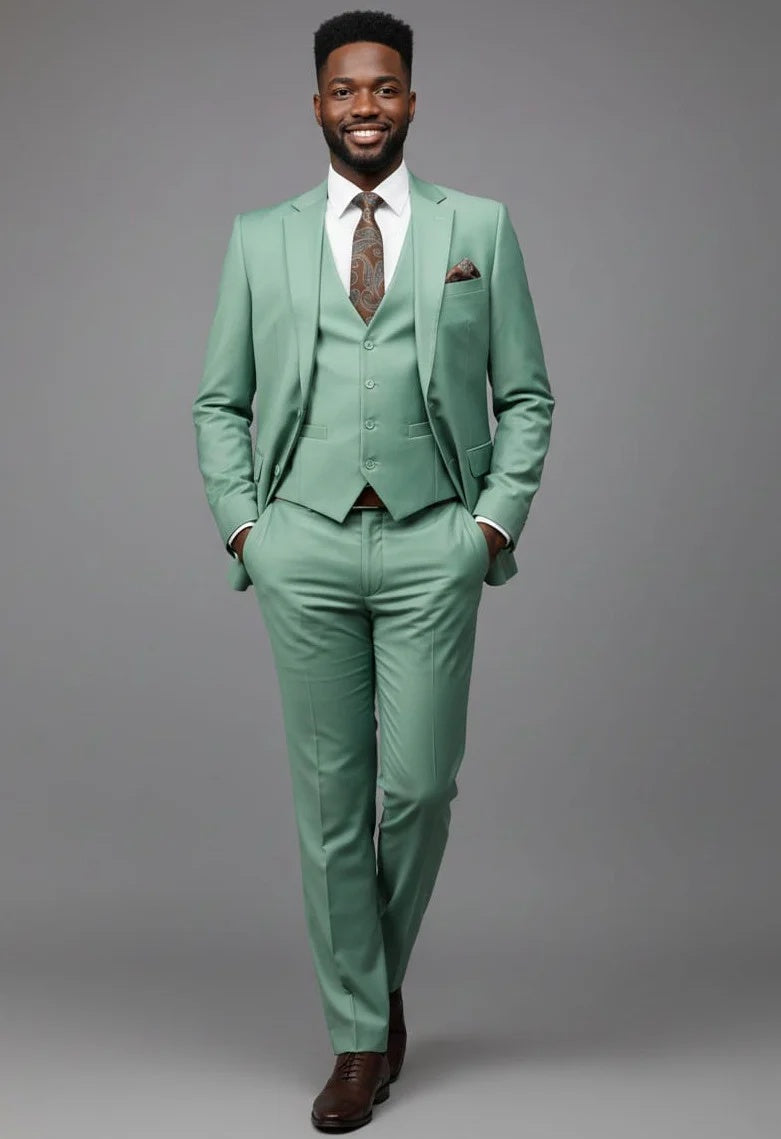 Mens Giovanni Testi Mint 3 Piece Suit – Modern Fit 2 Button Notch Lapel with Pick Stitching & Flex Waist Pants - 34 Short or Extra Small