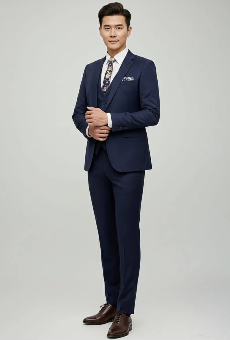 Mens Giovanni Testi Navy 3 Piece Suit – Modern Fit 2 Button Notch Lapel, Side Vents, Flex Waist Trousers - 34 Short or Extra Small
