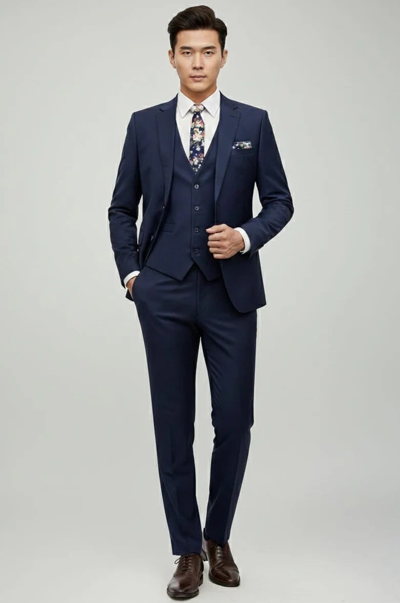 Mens Giovanni Testi Navy 3 Piece Suit – Modern Fit 2 Button Notch Lapel, Side Vents, Flex Waist Trousers - 34 Short or Extra Small