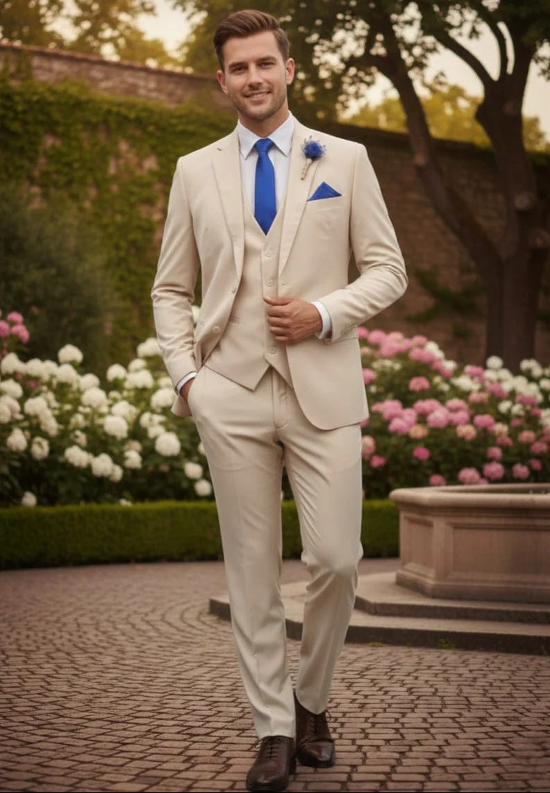 Mens Giovanni Testi Sand 3 Piece Suit – Formal 2 Button Blazer, Vest & Comfort Flex Waist Trousers - 34 Short or Extra Small