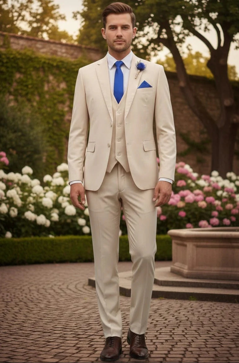 Mens Giovanni Testi Sand 3 Piece Suit – Formal 2 Button Blazer, Vest & Comfort Flex Waist Trousers - 34 Short or Extra Small