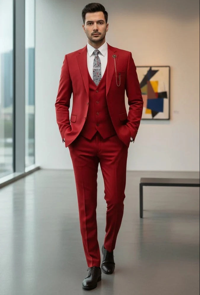 Mens Giovanni Testi Red 3 Piece Suit Set – Notch Lapel Jacket, Matching Vest, Side Vents & Comfort Waist Pants - 34 Short or Extra Small