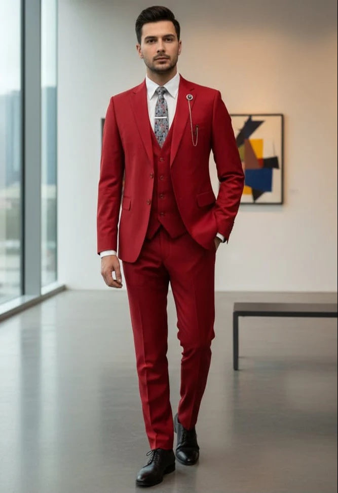 Mens Giovanni Testi Red 3 Piece Suit Set – Notch Lapel Jacket, Matching Vest, Side Vents & Comfort Waist Pants - 34 Short or Extra Small