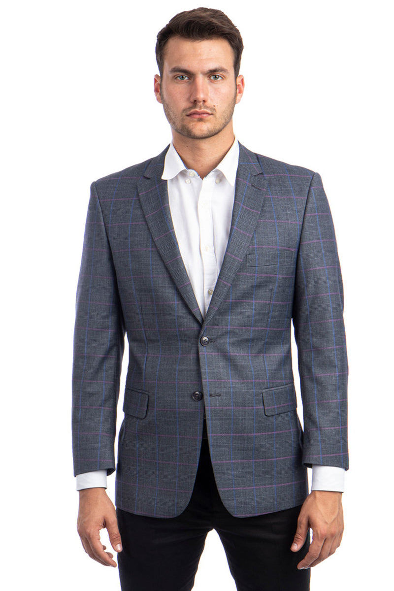 "Men's Regular Fit Sport Coat - Charcoal Grey with Blue & Pink Windowpane Plaid"