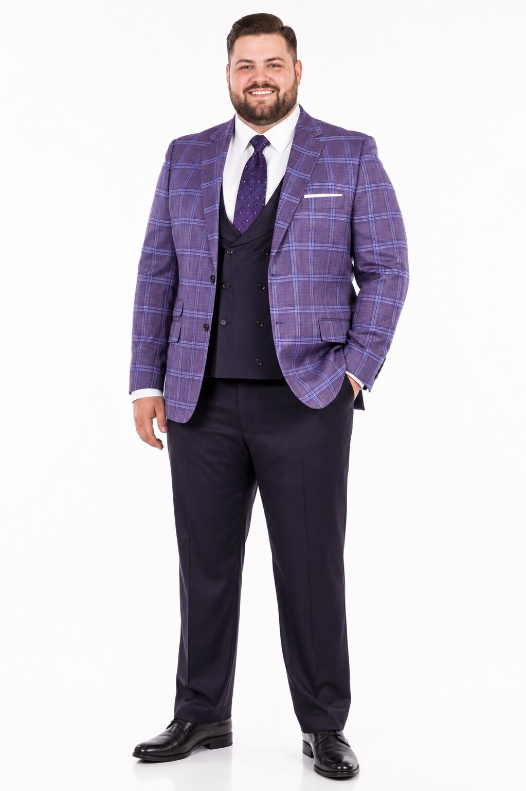 Mens 2 Button Suit with Low Cut Vest in Eggplant | Purple Plaid - 36 Short