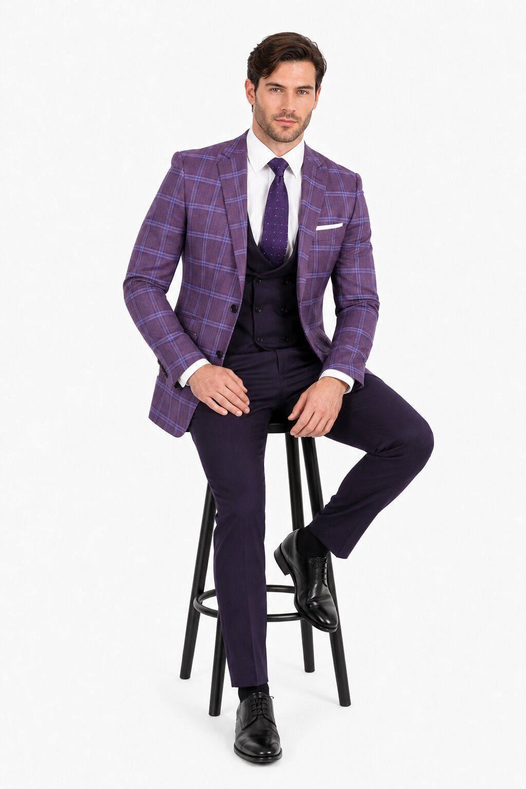 Mens 2 Button Suit with Low Cut Vest in Eggplant | Purple Plaid - 36 Short