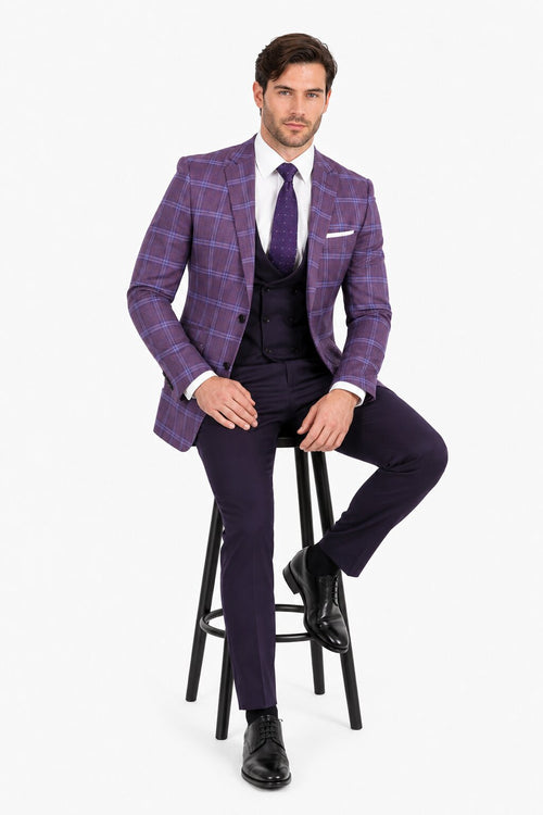 Mens 2 Button Suit with Low Cut Vest in Eggplant | Purple Plaid