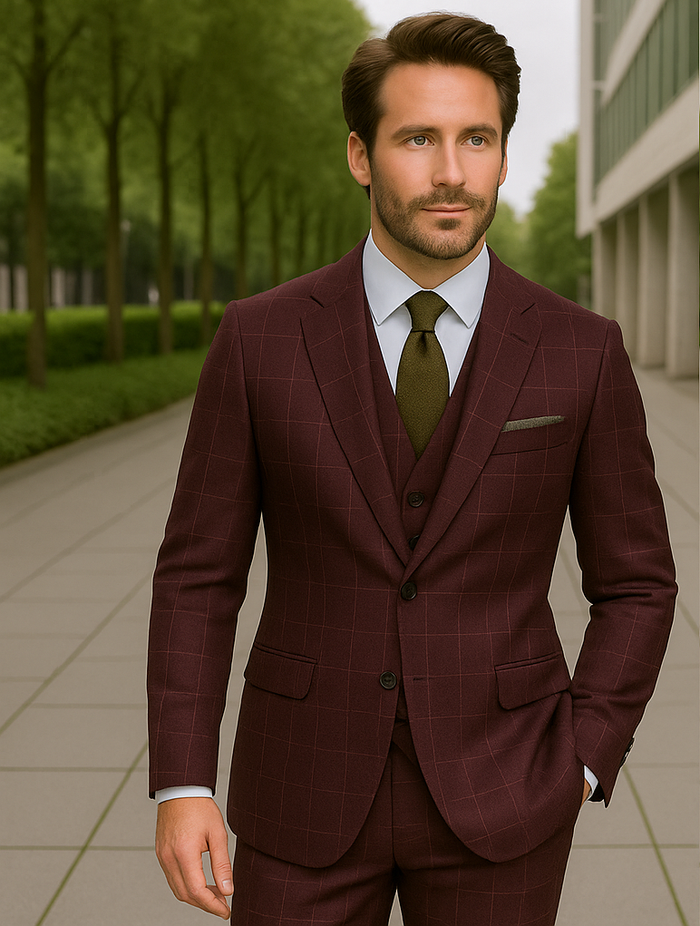 Modern Fit - Wool Suit - Italian Made Business Suit by Statement Men's 3 Piece 100% Wool Modern Fit Suit - V-Neck Double Breasted Vest