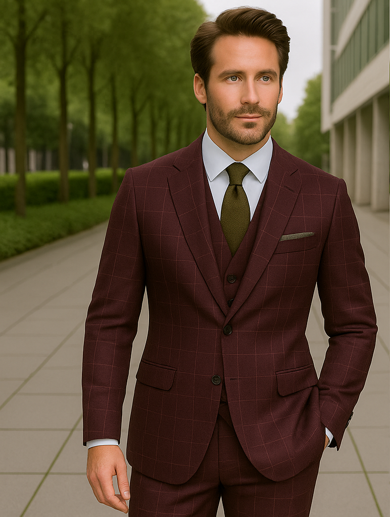 Wool Suit - Italian Made Business Suit by Statement Men's 3 Piece 100% Wool Modern Fit Suit - V-Neck Double Breasted Vest - 38R