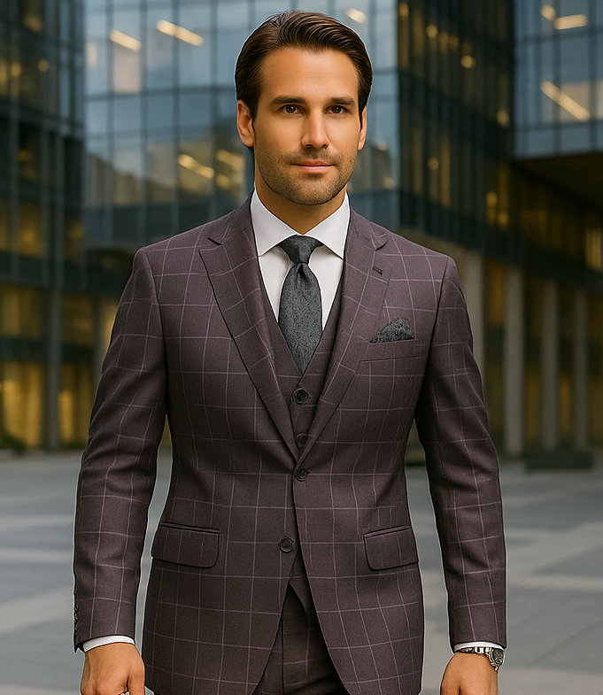 Modern Fit - Wool Suit - Italian Made Business Suit by Statement Men's 3 Piece 100% Wool Modern Fit Suit - Fashion Pattern