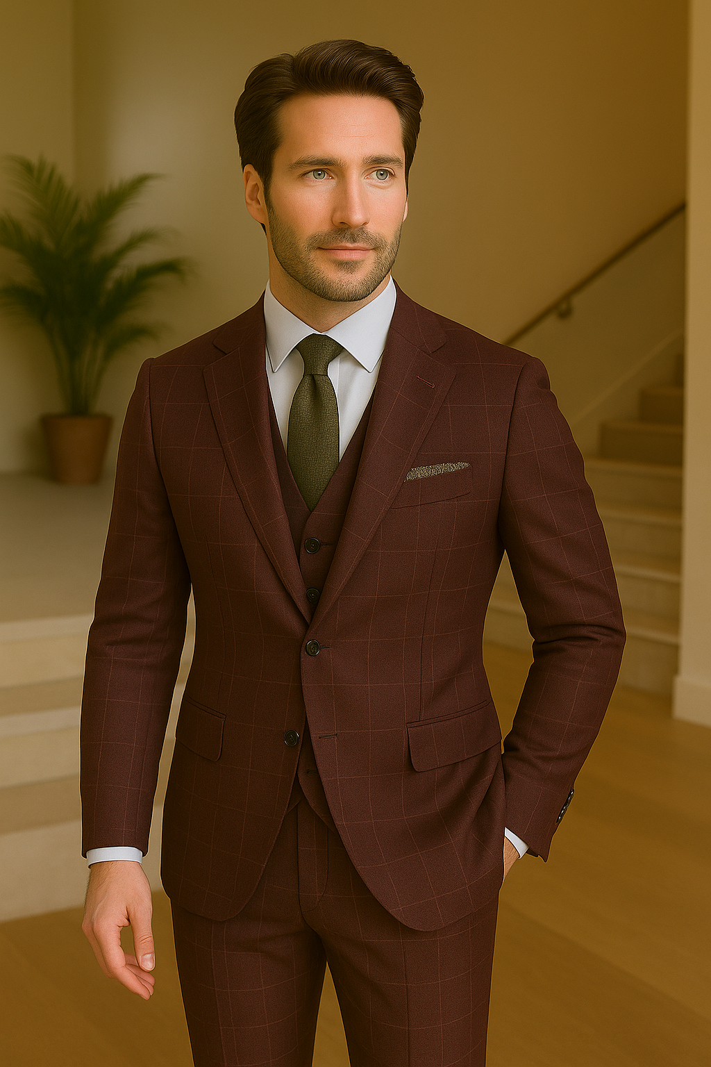 Wool Suit - Italian Made Business Suit by Statement Men's 3 Piece 100% Wool Modern Fit Suit - V-Neck Double Breasted Vest - 38R