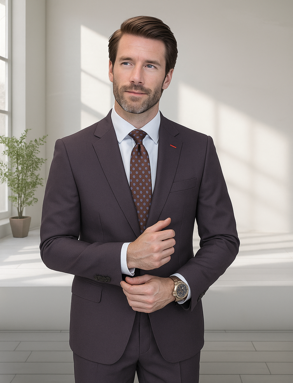 Wool Suit - Italian Made Business Suit by Statement Men's 2 Piece 100% Wool Modern Fit Suit - Subtle Windowpane - 38R