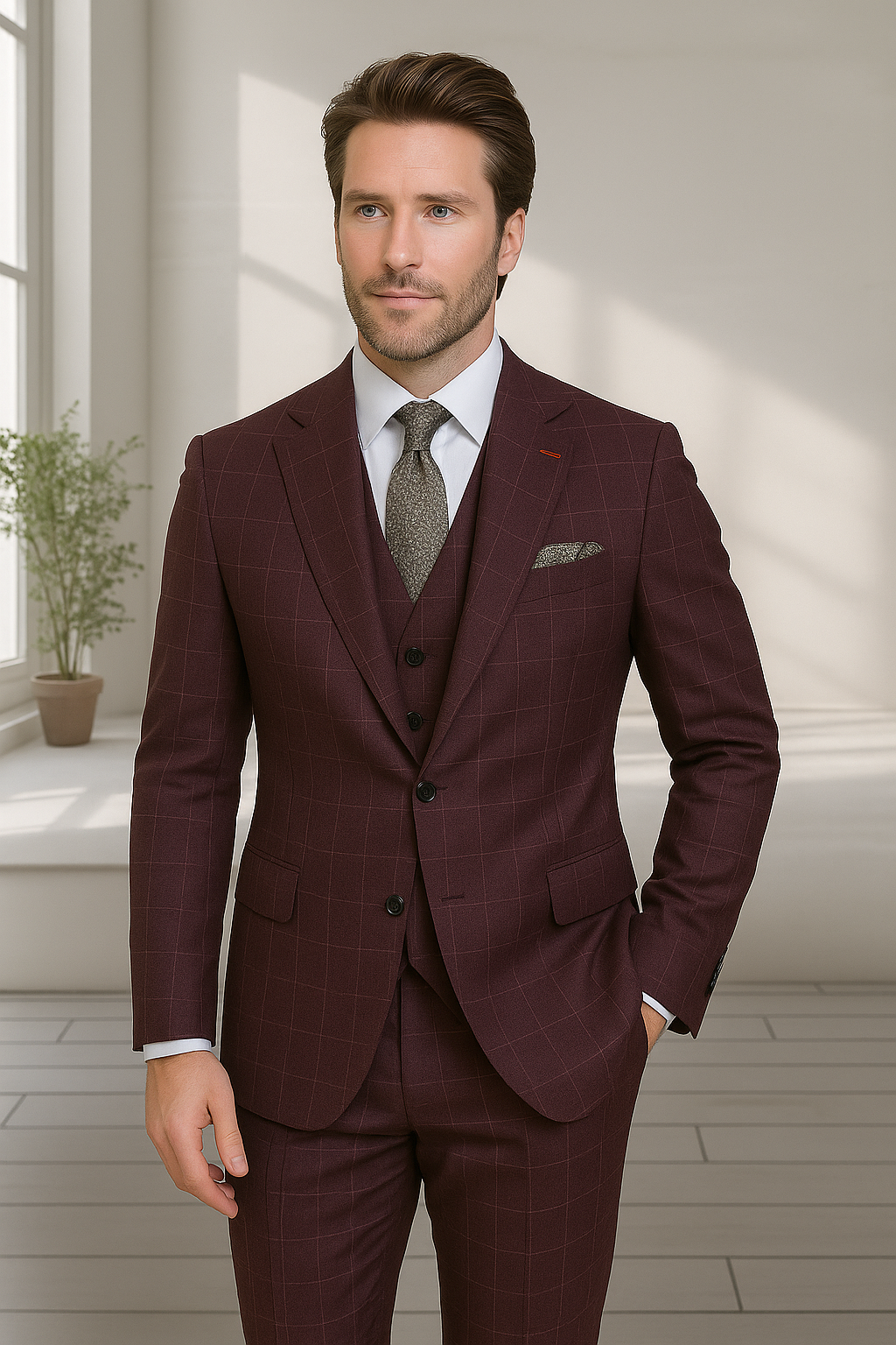 Modern Fit - Wool Suit - Italian Made Business Suit by Statement Men's 3 Piece 100% Wool Modern Fit Suit - V-Neck Double Breasted Vest - 38R