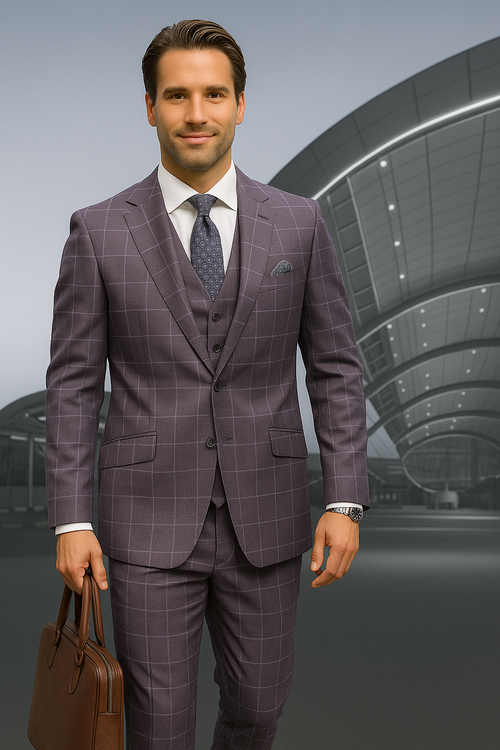 Modern Fit - Wool Suit - Italian Made Business Suit by Statement Men's 3 Piece 100% Wool Modern Fit Suit - Fashion Pattern