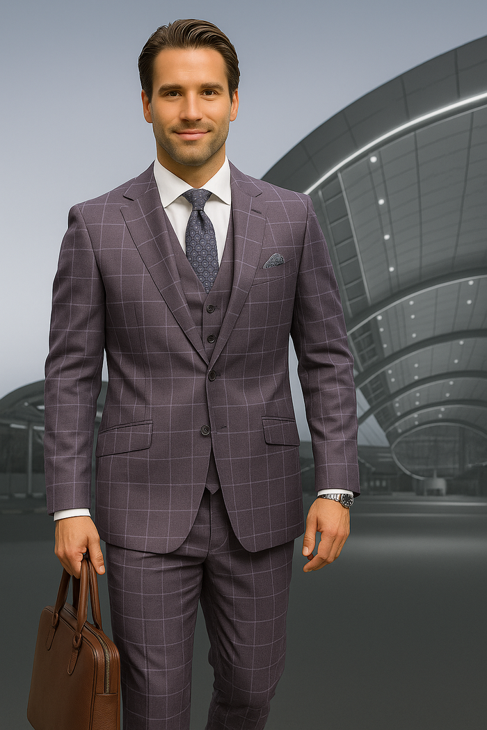 Modern Fit - Wool Suit - Italian Made Business Suit by Statement Men's 3 Piece 100% Wool Modern Fit Suit - Fashion Pattern