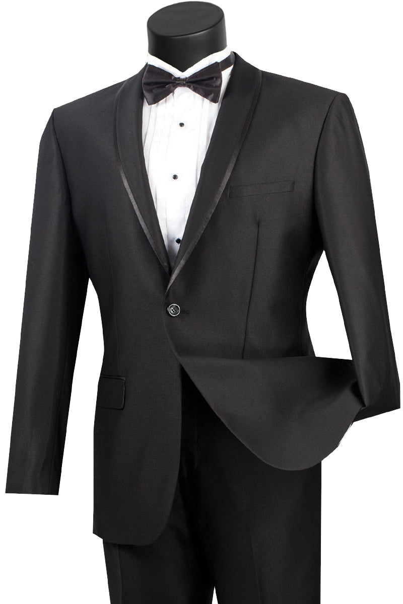 Mens One Button Shawl Tuxedo Suit With Trim in Black - 36 Short