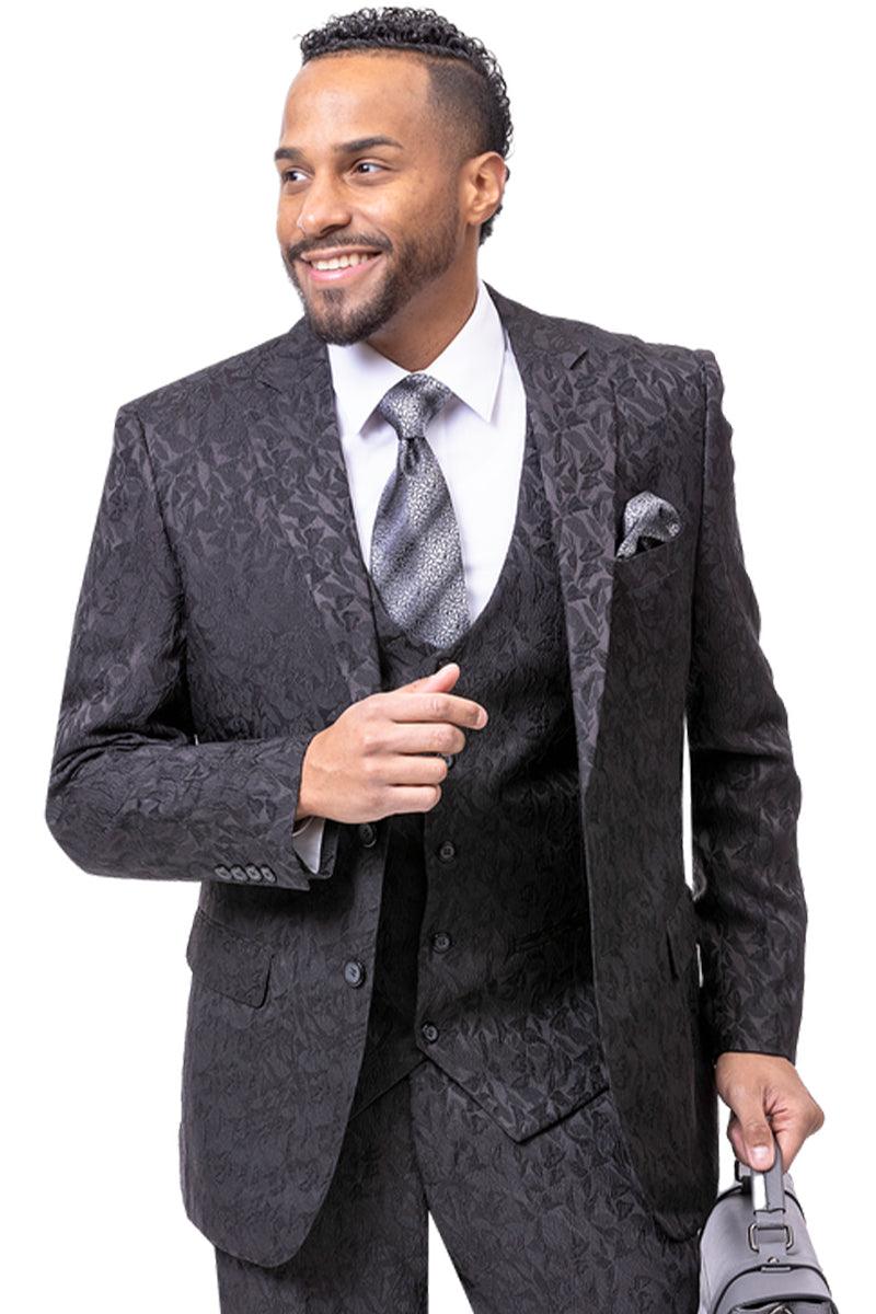 "EJ Samuel - Black Paisley Vested Mens Suit: Sharp Fashion for All Occasions" - Black