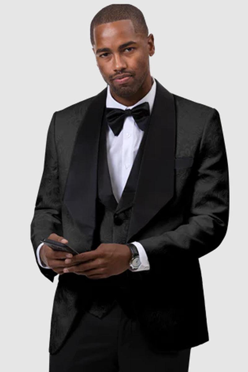 EJ Samuel Black Shawl-Vested Paisley Tuxedo: Perfect for Weddings & Proms - Black
