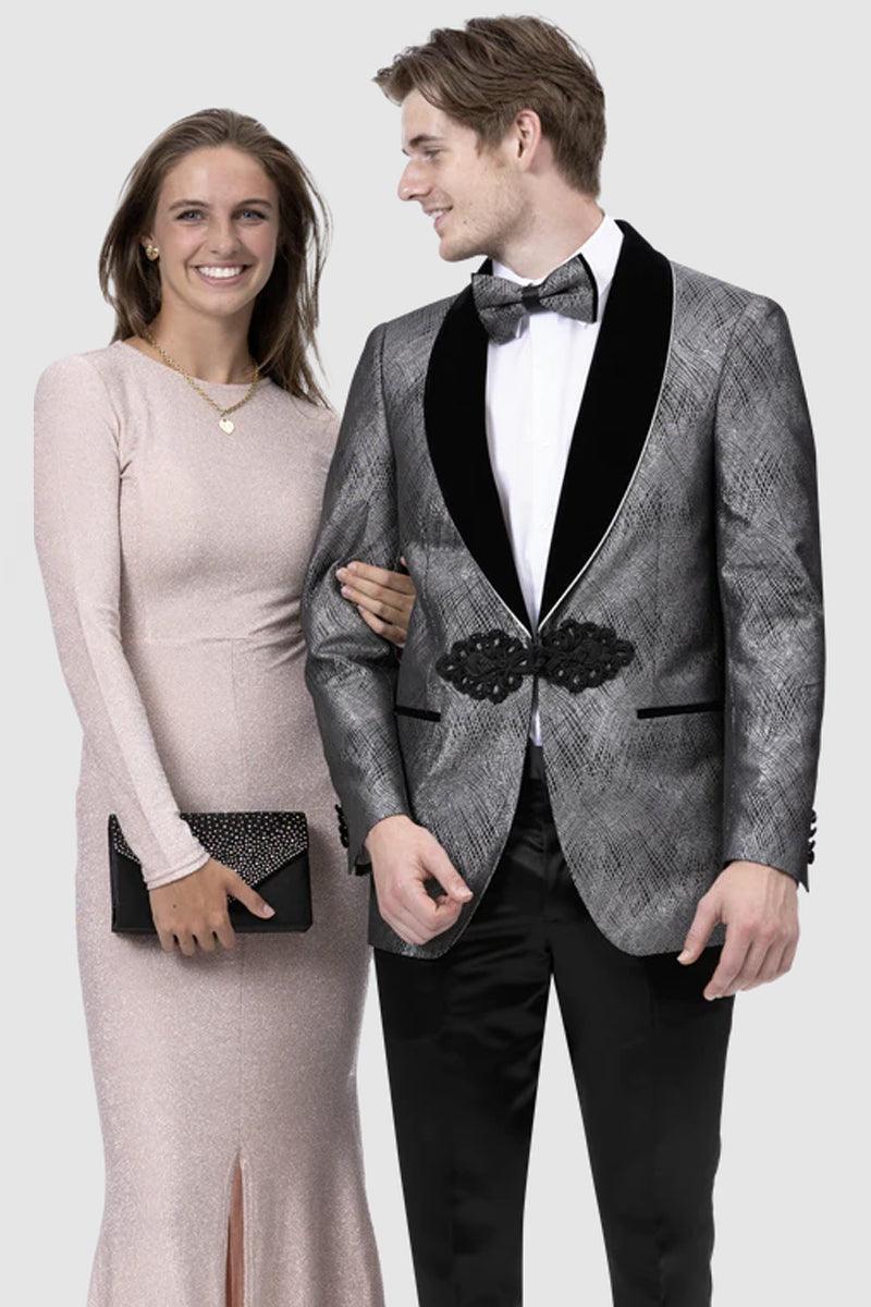 "EJ Samuel Charcoal Grey Hatch Pattern Smoking Jacket" - Pewter