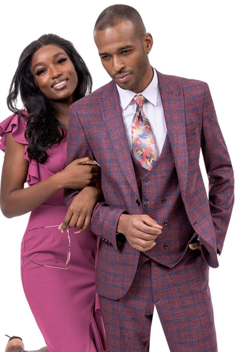 EJ Samuel Classic Peak Lapel Vested Suit in Burgundy Windowpane Plaid - 38 Short Jacket+32 Waist Adjust 28to34)(Height: 5 4 to5 7 )(Neck  15-16.5)S-M)