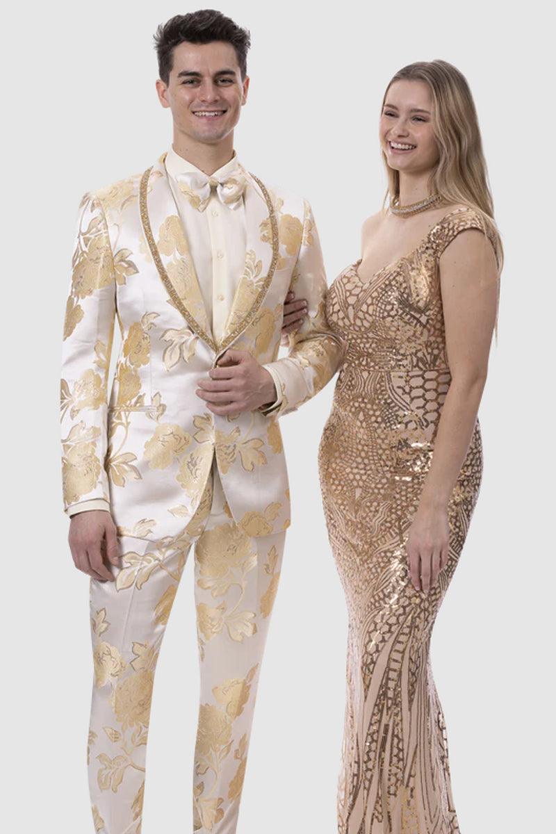 "EJ Samuel Ivory & Gold Slim-Fit Paisley Tuxedo: The Perfect Wedding Statement" - Gold